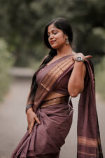 Regal Purple Pure Cotton Saree with Maroon Border - Image 3