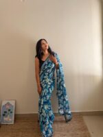 Blue Floral Print chiffon Saree - Image 2