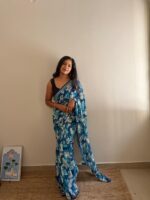 Blue Floral Print chiffon Saree - Image 3
