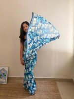 Blue Floral Print chiffon Saree